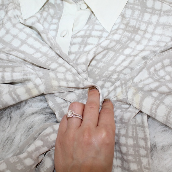 St. John Silk Button Down Blouse in White & Gray - Picture 5 of 8